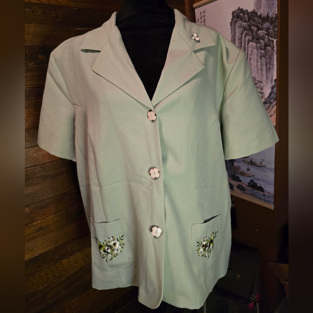 Adrian Delafield XXL Mint Green Button Up Top w/ Flower Embroidery + Extras!